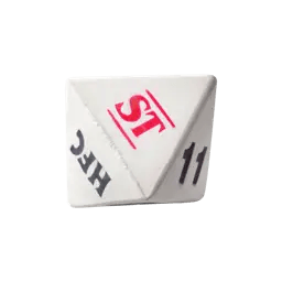 D8, The Rift bath bombs. D8 is white, black/red text printed, in shape of 8 sided die. The Rift, black with yellow/red centre.