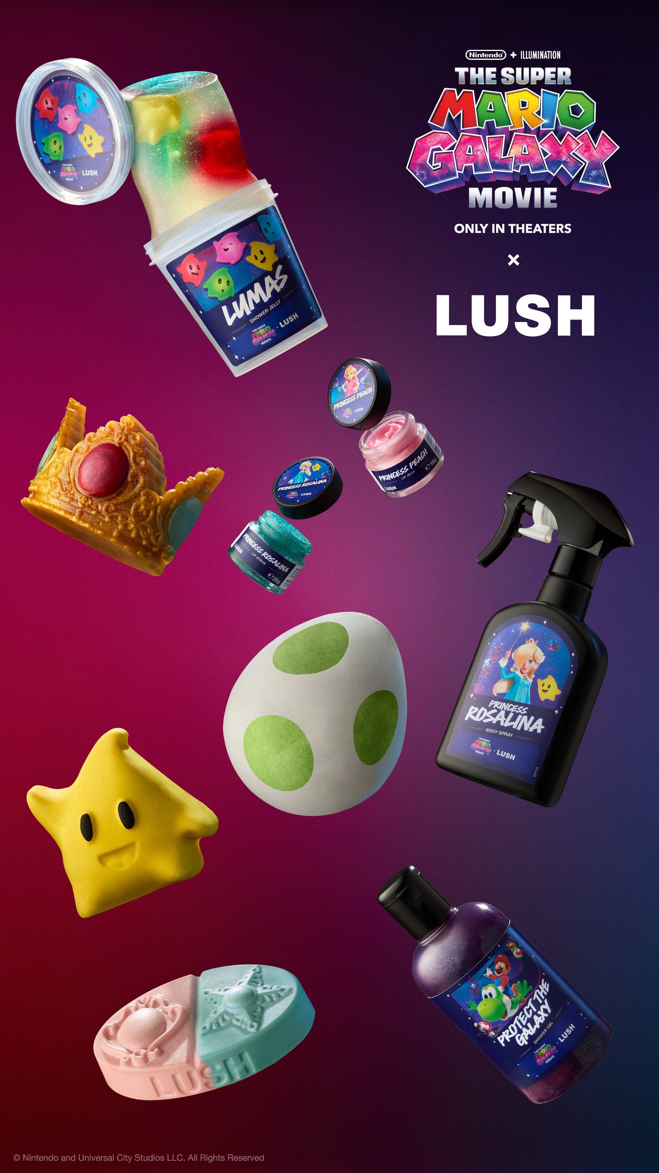 All Mario Galaxy X Lush themed products including  a Yoshi egg, Luma shaped bubble bar, Lip scrub, Lip Balm, Body spray, shower jelly, crown shaped soap, massage bar and colorful shower gels floating against a purple gradient. 