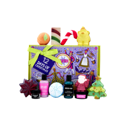 A vibrant Lush '12 Days of Christmas' gift box tied with a lime green ribbon and blue tag, displayed with festive products including bath bombs, shower gels, soap, and a lip scrub