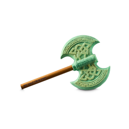Astrid's Axe. A reusable bubble bar shaped like the head of a Labrys, double-sided, Viking-style axe. It is attached to a wooden stick with the words "We Have Dragons" at the base. The axe is a green colour with golden, embossed pattern details. 