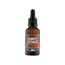 Chief Stoick. A small, brown glass bottle of hair and beard oil with a black lid and enclosed dropper. The front label has a themed design with the product name and the How To Train Your Dragon X LUSH logo. 