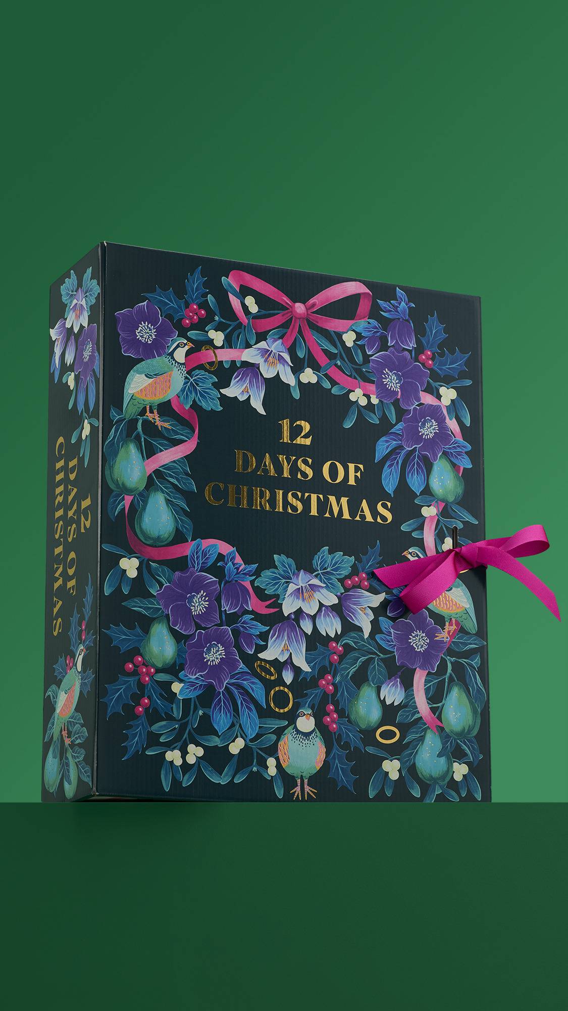 A close-up of a large, dark blue "12 Days of Christmas" gift box. The box has an intricate pattern of gold lettering and beautiful floral and bird designs, all tied with a bright pink ribbon.