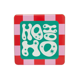 A close-up of a Lush "Ho Ho Ho" tin. The top of the tin is a red and pink checkerboard pattern with a bright teal square in the center that reads "HO HO HO" in white, bubbly letters with small stars.