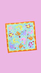 A "Purrrfect Christmas" Knot Wrap. The blue fabric has a festive pattern of whimsical cats in various colors, surrounded by stars and small confetti. The square wrap has a yellow-and-orange border.