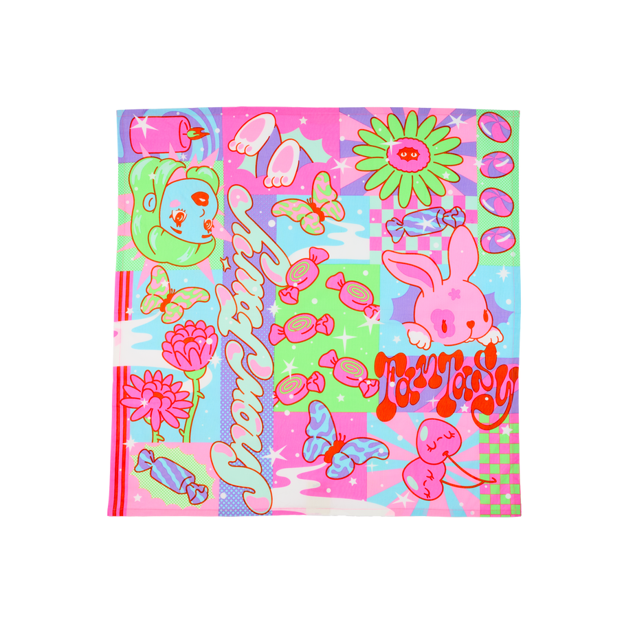 Snow Fairy. A square, fabric knot wrap with a colourful, whimsical design with pink, blue, green, and purple squares. The design features bunnies, butterflies, flowers, fairies, and wrapped candy, with the text "Snow Fairy" and "Fantasy."