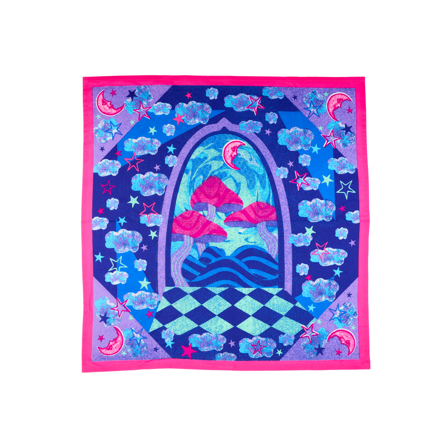 Twilight. A square, fabric knot wrap with a colourful, fantastical design with pink, blue, and purple mushrooms, clouds, moons and stars surrounded by a vibrant pink border.