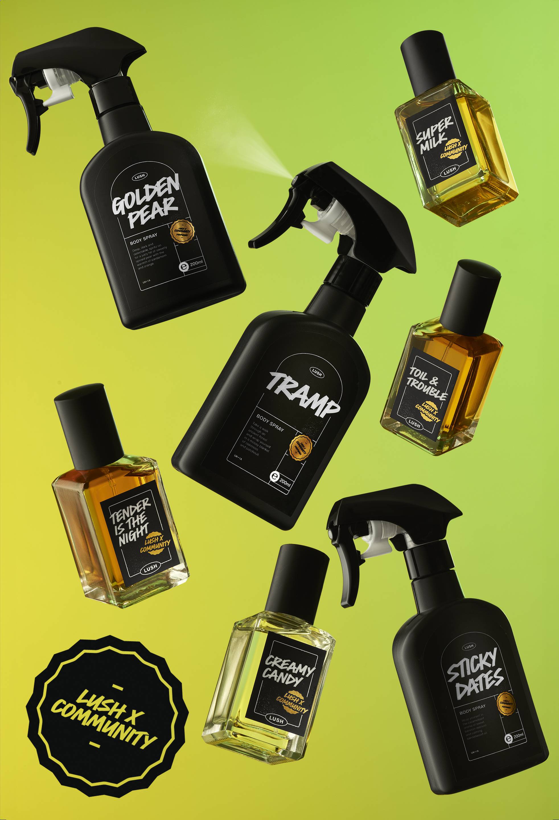A neon yellow and green gradient background with the 7 Community Fragrance products scattered across.