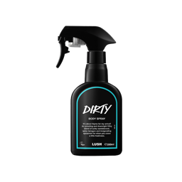 Dirty body spray. A black spray bottle of Lush "Dirty" Body Spray. The product label is black with a neon-blue banded border. White text states the product name and the scent description.