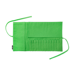 Makeup Brush Wrap. A large, rectangular piece of fluorescent green fabric. A fabric panel sits on the left and top and multiple fabric slots along the bottom to insert brushes. Green ties are attached to each side, and a Lush label is on the left.