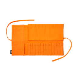 Makeup Brush Wrap. A large, rectangular piece of fluorescent orange fabric. A fabric panel sits on the left and top and multiple fabric slots along the bottom to insert brushes. There are ties on each side, and a Lush label is on the left.