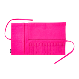 Makeup Brush Wrap. A large, rectangular piece of fluorescent pink fabric. A fabric panel sits on the left and top and multiple fabric slots along the bottom to insert brushes. Pink ties are attached to each side, and a Lush label is on the left.
