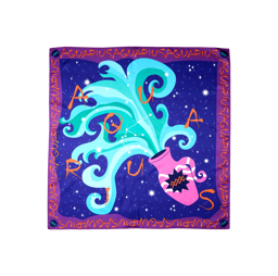 Aquarius. A square, fabric knot wrap. There is a purple border with the word "Aquarius" in orange on each side. The central image shows a deep-blue, starry background. A pink, striped vase spills bright teal and aqua-marine blue splashes. 