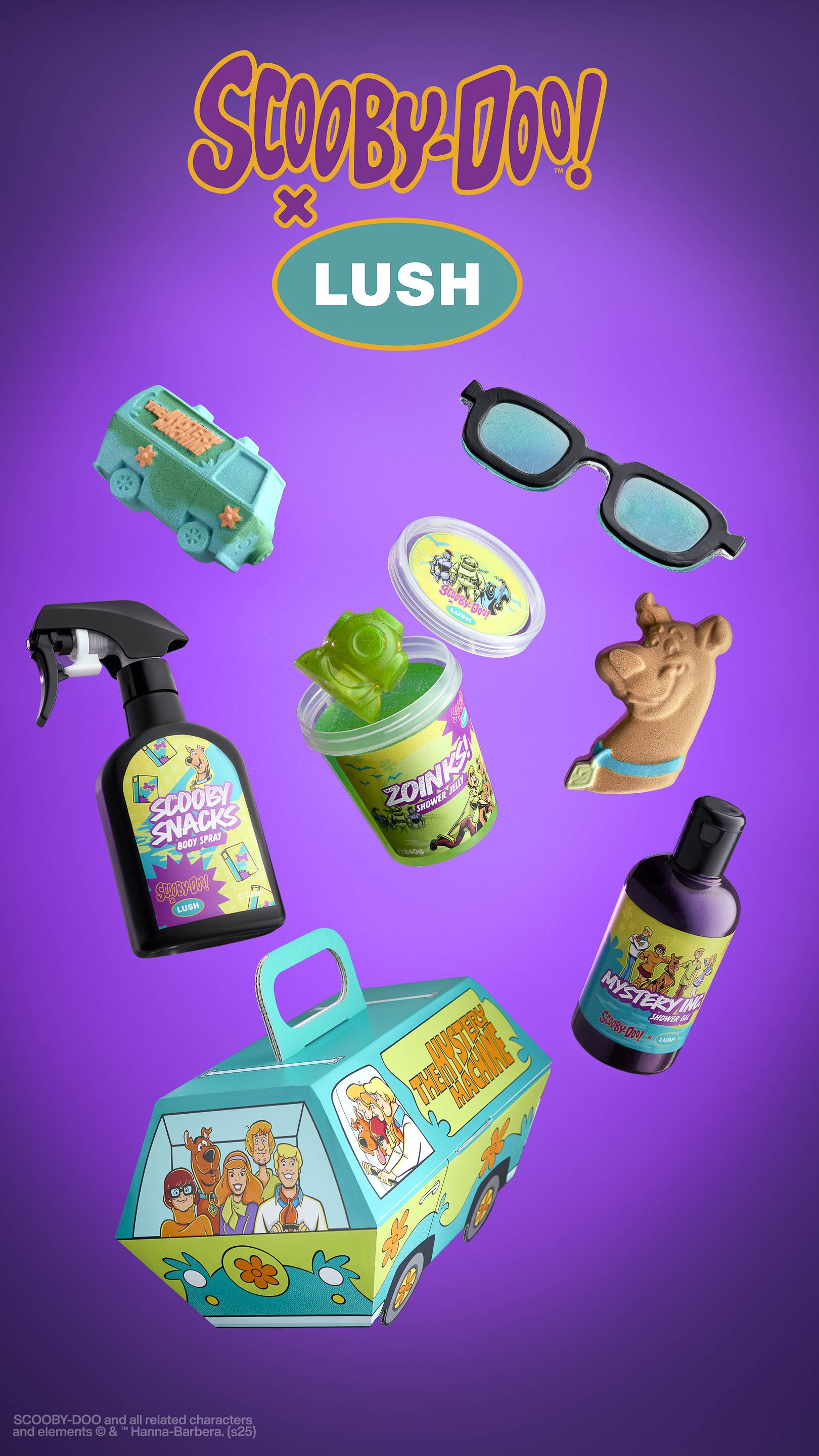 The image shows a deep purple background. The top of the image shows the Scooby-Doo X Lush collaboration logo. The seven products from this range are suspended across the purple background. 