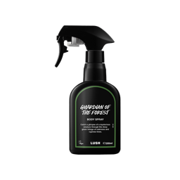 Guardian of The Forest body spray. A black spray bottle of Lush "Guardian of The Forest" Body Spray. The product label is black with a grass-green banded border. White text states the product name and the scent description.