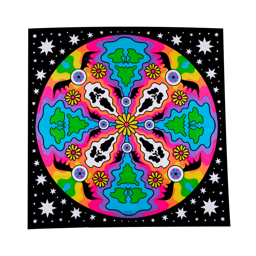 Cosmic Gathering. The image shows a square, multicoloured fabric wrap with a psychedelic design. A central flower is surrounded by a ring of skulls, bats, and flowers, against a black background with white stars.