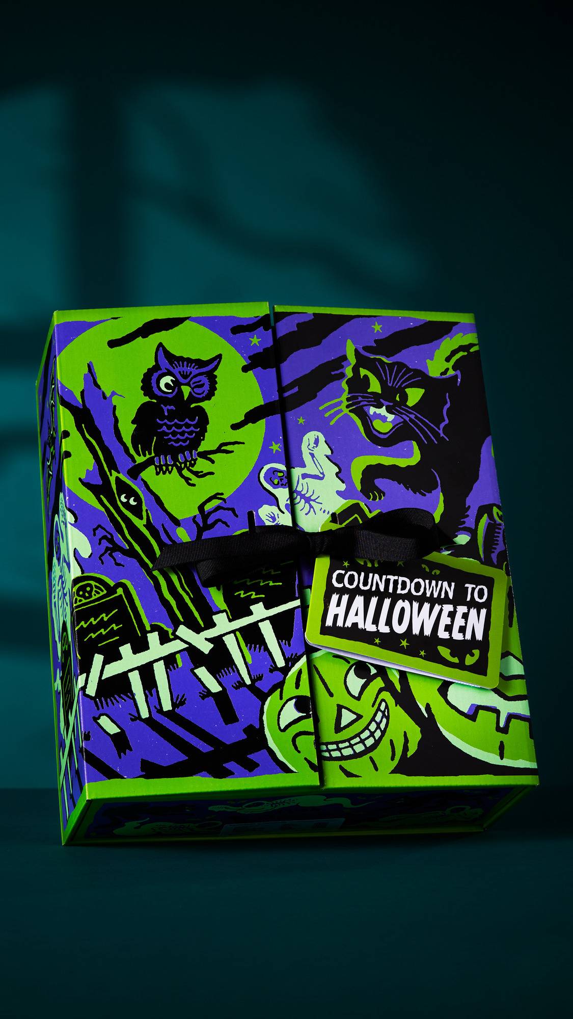 The image shows a 'COUNTDOWN TO HALLOWEEN' gift box with owl and cat illustrations. The green and purple box is tied with a black ribbon and tag, resting on a dark teal surface against a background with shadows.