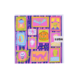 Fearsome Friends. A square, multicoloured greetings card with a design of framed Halloween monster portraits. Including a vampire, a bat, a witch, and a mummy, against a purple and pink striped background. A removable pumpkin badge is attached.