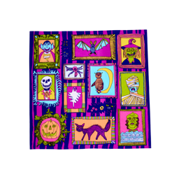 Fearsome Friends. A square, multicoloured fabric knot wrap with a gallery of framed monster portraits. It features a vampire, a witch, a mummy, a spider and a skeleton, and more against a bold purple and pink striped background.