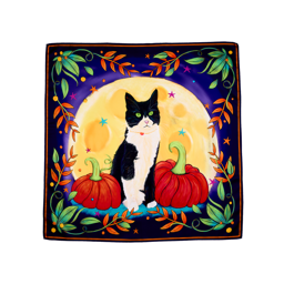 Luna The Cat. The image shows a square fabric wrap with a midnight blue background and a large full moon. It features a black-and-white cat sitting between two pumpkins, and a border of colourful leaves and stars.