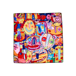 Mischief Makers. The image shows a square, multicoloured fabric wrap with a vibrant, collage-like design. It features a dense collection of abstract, cartoonish monster faces in bold shades of red, yellow, blue, and green.