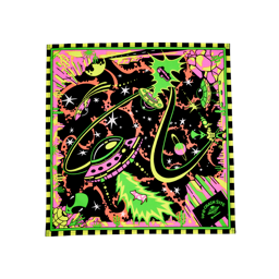 Nice Planet, I'll Take It. The image shows a square, multicoloured fabric wrap. A vibrant, sci-fi themed design of UFOs, aliens, and stars. The black background is framed by a striped border of black and neon colours.
