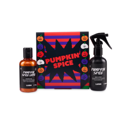 The image shows a gift box with a striped pattern and a 'PUMPKIN' SPICE' starburst design. A bottle of 'Pumpkin Spice Latte' shower gel and a 'Pumpkin Spice' body spray sit on either side. 