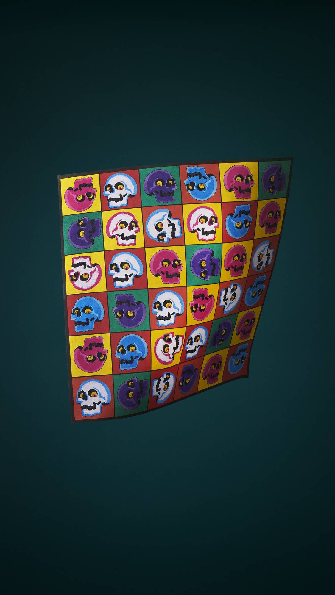 Skullywood. The image shows a square, multicoloured sheet of lokta paper with a grid of cartoonish skulls. It is suspended in mid-air against a dark teal background.