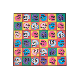Skullywood. The image shows a square, multicoloured sheet of lokta paper with a grid pattern. Each square contains a cartoonish skull in various colours, all in a Pop Art style, against a background of bright pink, green, and yellow.