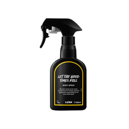 Let The Good Times Roll body spray. A black spray bottle of Lush "Let The Good Times Roll" Body Spray. The product label is black with a deep yellow banded border. White text states the product name and the scent description.