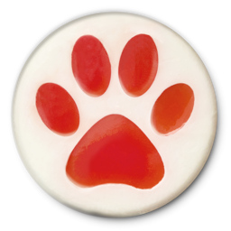 Paw soap. A round, white bar of soap features a vibrant red animal paw print embedded in the centre. The smooth soap disk clearly displays a large central pad with four oval toe pads.