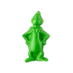 Grouchy Grinch. A bright green Lush shower gummy shaped like the full-length figure of The Grinch character, standing with hands on hips