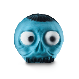 Bob. A fun bath both in the shape of s small skeletal head. It is an icy-blue colour with darkened teeth and top of head. It has big white eyes with black pupils. 