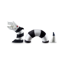 Sandworm! Run! A 3 in one product in three sections. It is shaped like a black and white striped serpent-style creature with red eyes dipping in and out of the ground. The head is a bath bomb. The body is a bubble bar and the tail is a soap. 