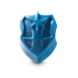 The image shows the Katseye collaboration Guardian Shield soap, a shimmery, vibrant blue shield-shaped product. It features a raised star at the top and embossed lines forming a stylised design with silver glitter sparkling throughout.