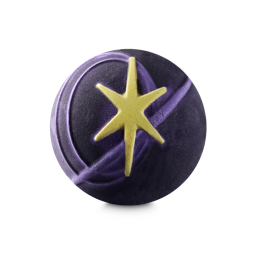 Katseye Bath bomb. A spherical bath bomb, deep purple in colour, features the Katseye logo of a raised yellow six-pointed star. A swirling purple band wraps around the star.