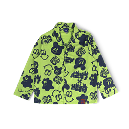 A Light bright green pyjama shirt with dark navy blue Lazy Oaf smiley designs on it.