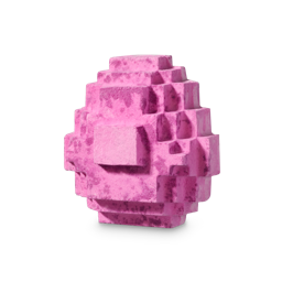 Axolotl. The image shows a fun, bright pink, pixelated egg-shaped bath bomb. 