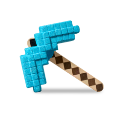Diamond Pickaxe Bubble Bar. A long wooden ice lolly-style stick with a central diamond pattern. Across the top is a pixel-style pickaxe-shaped bubble bar in electric blue. 