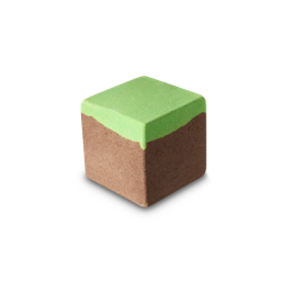 Grass Block. A perfectly cube-shaped bath bomb. There is an early-brown lower section and a grass-green top. 