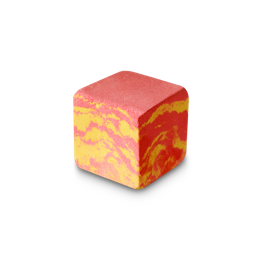 Lava Block. A perfectly cube-shaped bath bomb. It is swirled with a red, orange and yellow swirled pattern reminiscent of molten lava. 