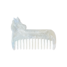 A pearlescent white, wide-tooth hair comb with the handle shaped like the Moomin character Snorkmaiden. Engraved with "LUSH x MOOMIN" and floral details along the spine, the comb is displayed flat against a solid black background.