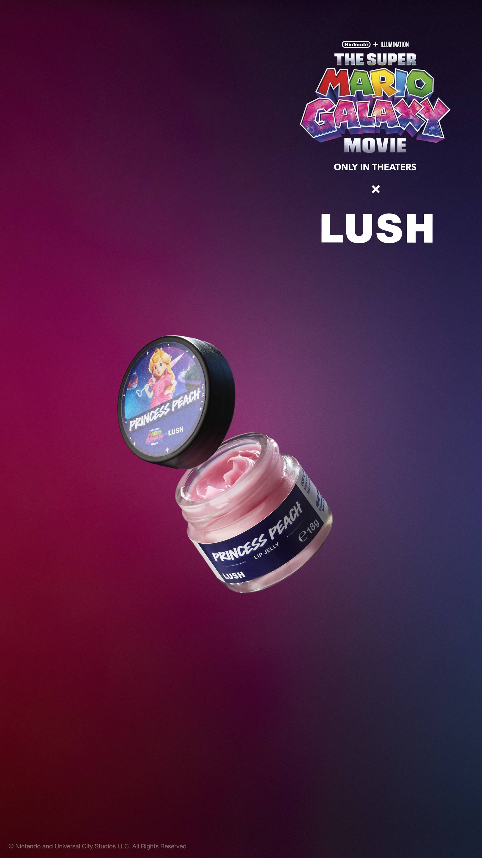 Open pot of pink Princess Peach lip jelly with floating black lid. Lid features Princess Peach with a heart wand. Set against a purple-magenta gradient with movie and LUSH logos.