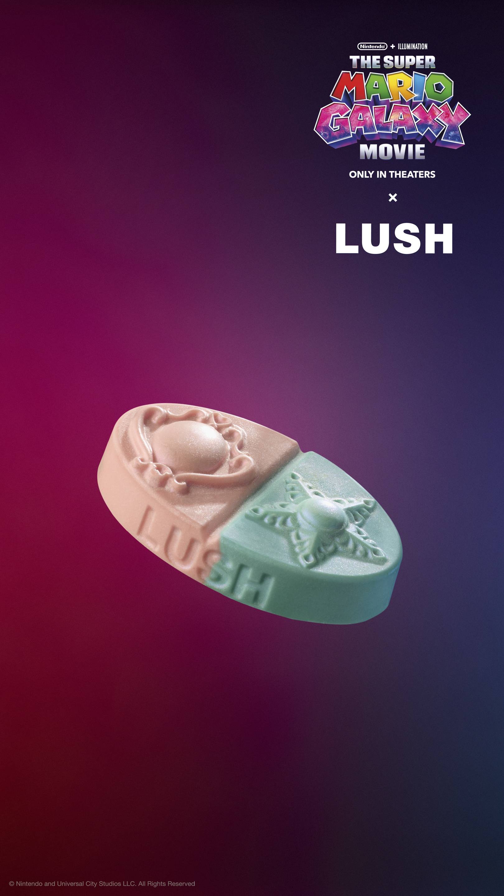  Oval body balm split diagonally into pink and teal with embossed brooch and star designs. Set against a purple-red gradient background with "The Super Mario Galaxy Movie x LUSH" logos. Includes plastic-free glitter.