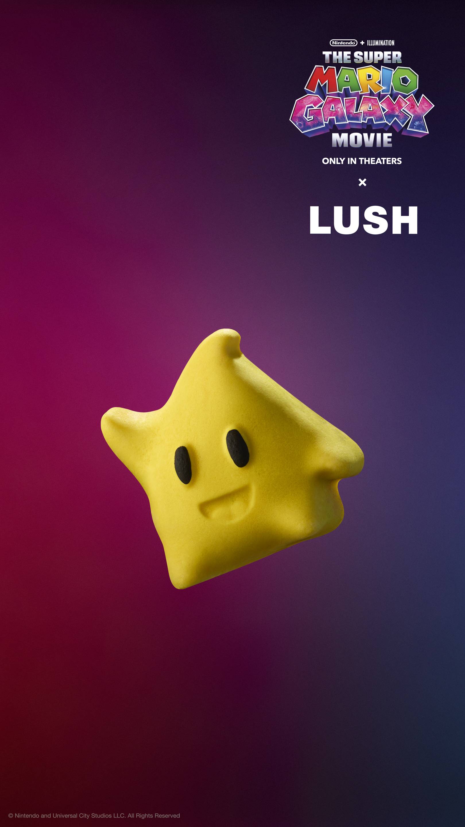 Yellow star-shaped Luma bubble bar with black eyes and a smile, floating against a purple gradient background. "The Super Mario Galaxy Movie x LUSH" logos at the top.
