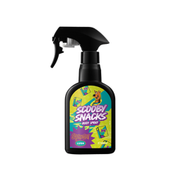 Scooby Snacks. A recycled, black plastic body spray bottle has a trigger spray top and a colourful, green, teal and purple label with illustrations of the Scooby-Doo Great Dane character and boxes of dog biscuits.