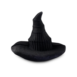 Elphaba's Hat. A bath bomb shaped like a classic, crooked, black, pointed witch hat. The product contains visible, shimmering lustre throughout. 