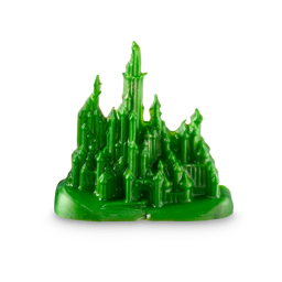 Emerald City. A vibrant, lime-green soap shaped with intricate details to resemble a cityscape complete with multiple columns and towers. The whole product has shimmering lustre throughout. 