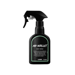 Mr Wallet body spray. A black spray bottle of Lush "Mr Wallet" Body Spray. The product label is black with a mint-green banded border. White text states the product name and the scent description.