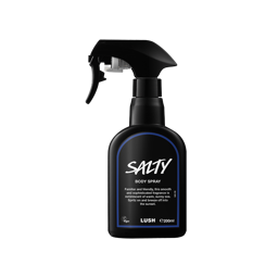 Salty body spray. A black spray bottle of Lush "Salty" Body Spray. The product label is black with a navy blue banded border. White text states the product name and the scent description.