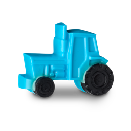 Troublesome Tractor. A novelty soap shaped like the side view of a traditional tractor. It is a bright sky blue colour complete with a large, black rear wheel and a smaller front wheel.
